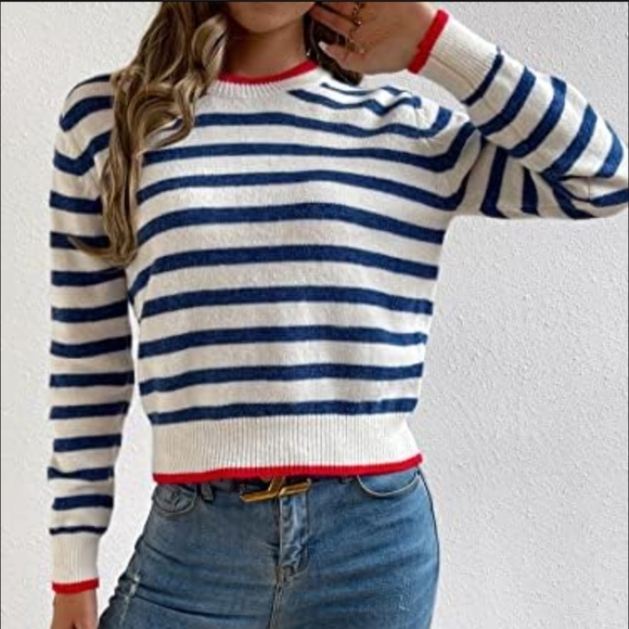 Shein Nautical Blue White Striped Crewneck Sweater Size Medium - Picture 1 of 5